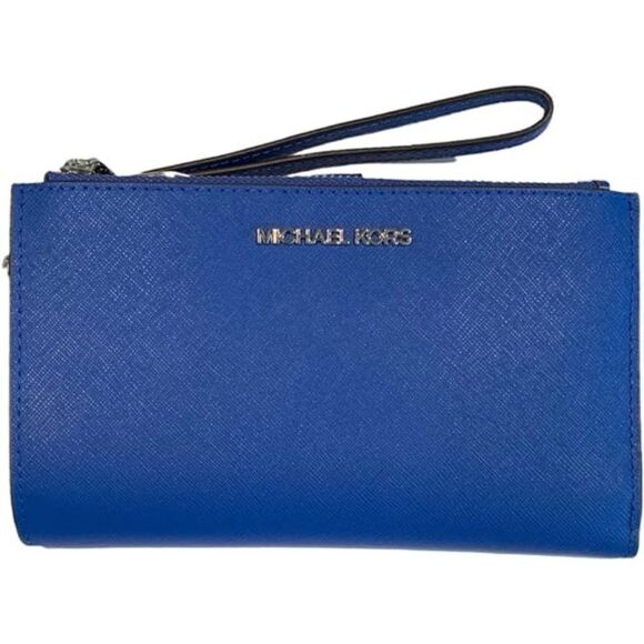 Michael Kors Blue Leather Jet Set Travel Double Zip Wristlet Wallet For Women's - Picture 1 of 16